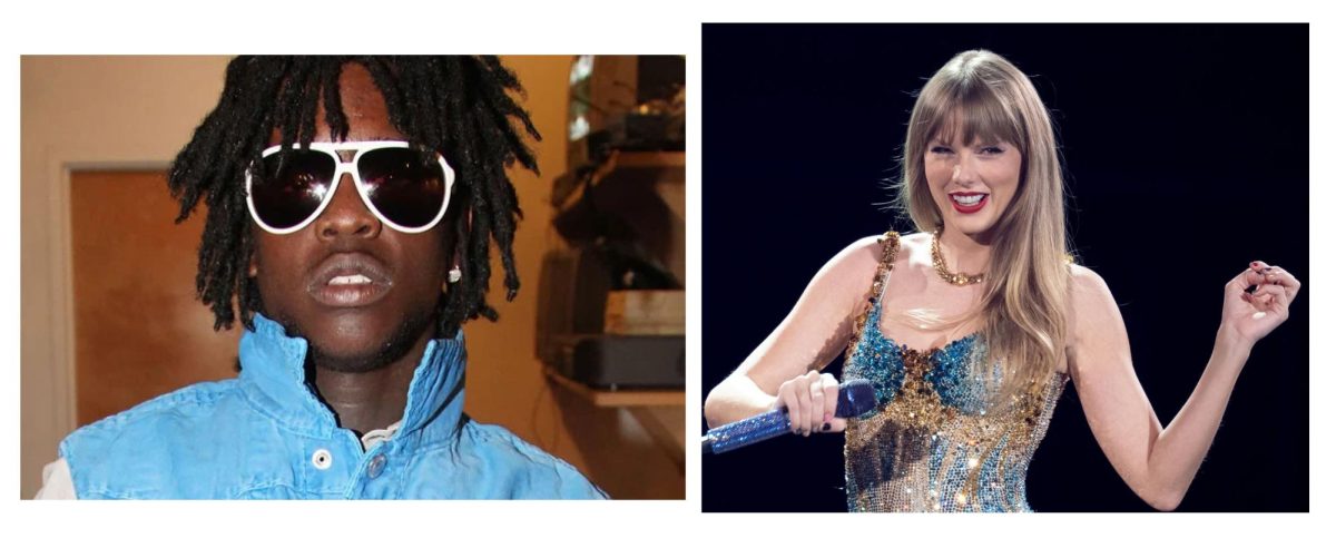 Chief Keef photographed recently in Chicago. Photo Courtesy of Rolling Stone. / Taylor Swift performing on her Eras Tour in Arlington, Texas on March 31, 2023. Photo courtesy of Billboard. 