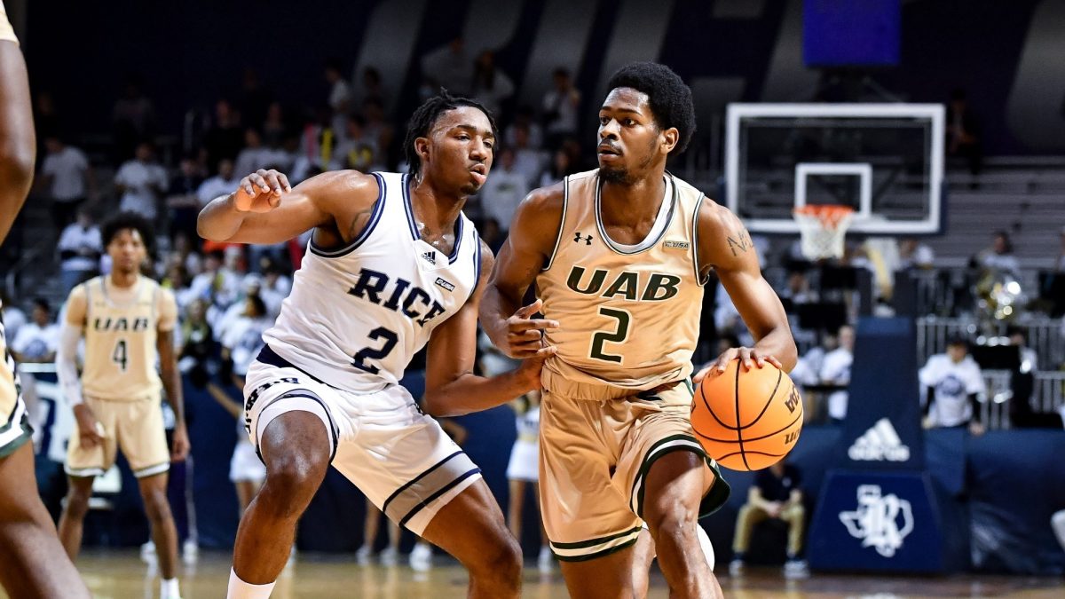 UAB’s Daniel Ortiz drives to the lane in a January matchup against Rice (UAB Athletics)