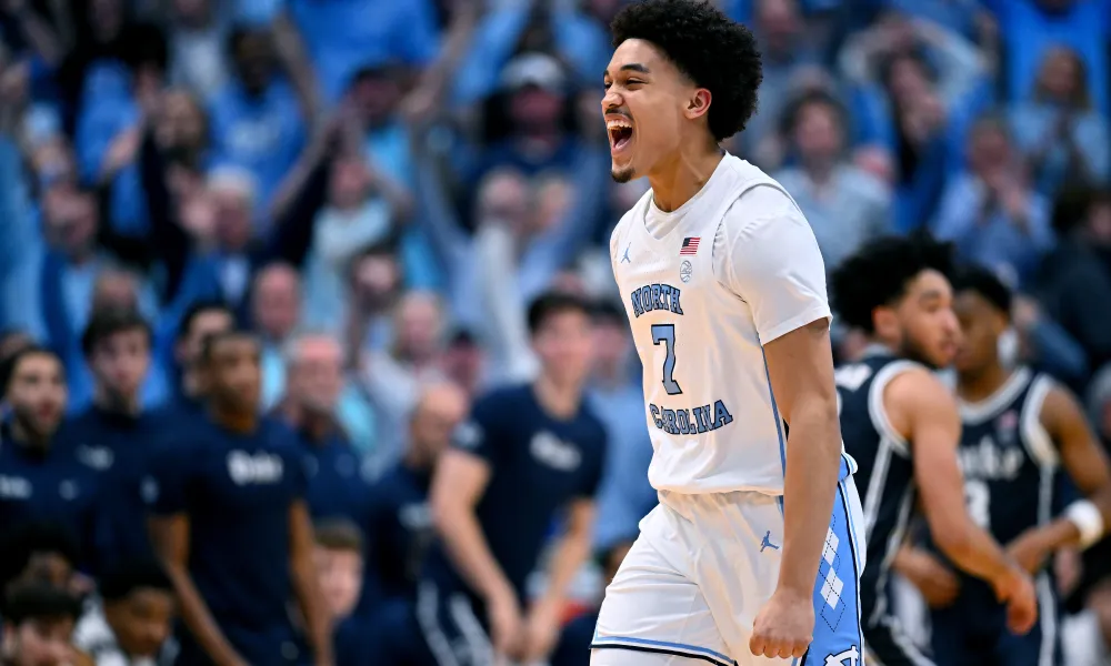 Seth Trimble lets out a yell after a huge bucket against the Duke Blue Devils during a sold out game at the Dean E. Smith Center (Zack Pearson)