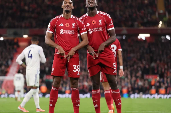 Ryan Gravenberch and Ibrahima Konate celebrate after a goal against Aston Villa (The Liverpool Offside)